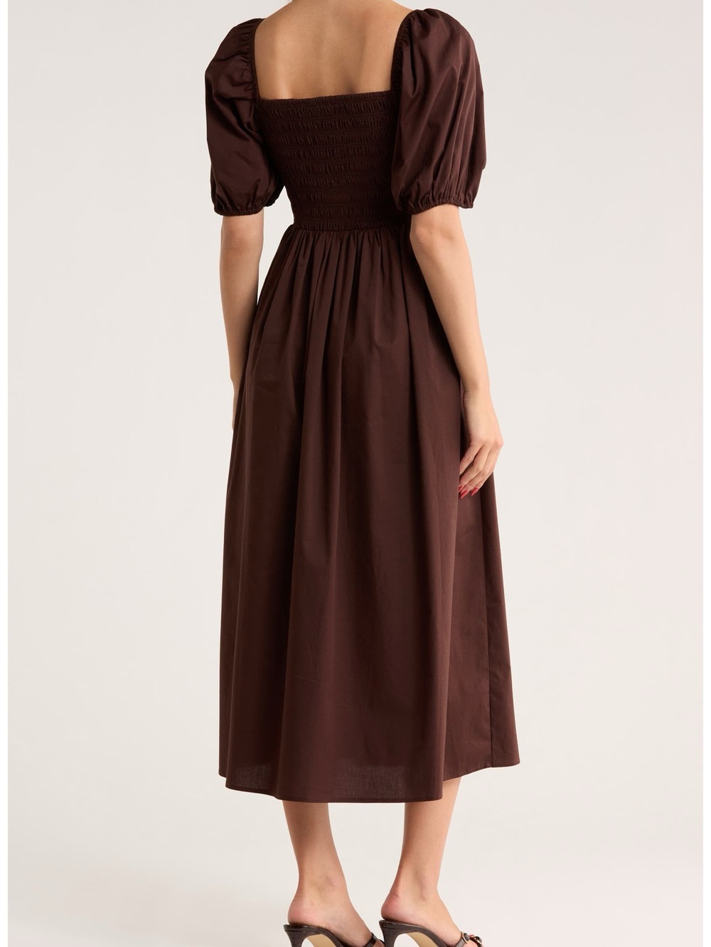 WAYF Brown Puff-Sleeve Smocked Midi Dress - Picture 2 of 5